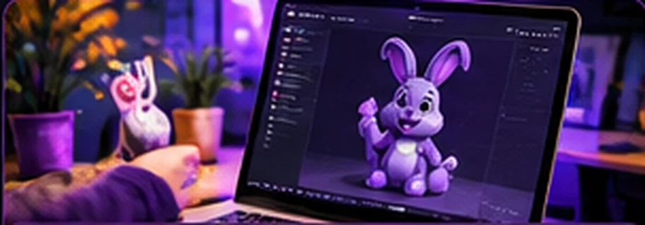 Digital modeling workflow on a laptop with a purple printed model
