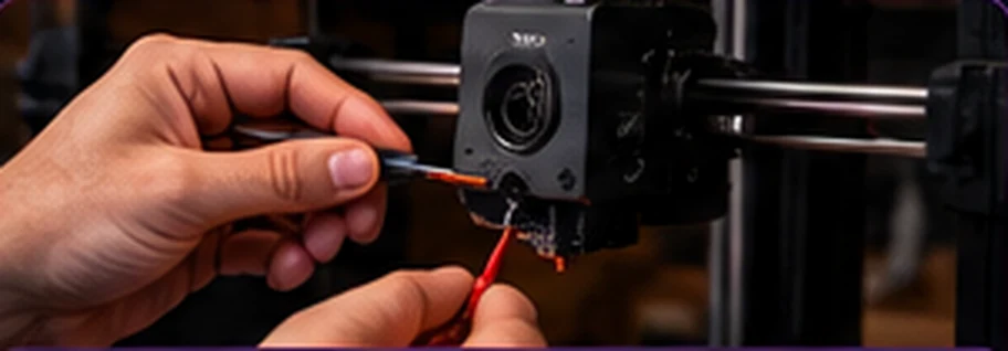 Hands maintaining the hotend assembly of a desktop 3D printer
